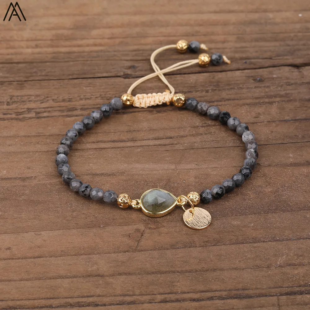 

Natural Stone Water Drop Beads Bracelets Handmade 4mm Black Labradorite Stone Beads Knot Braided Bracelet Women Boho Jewelry