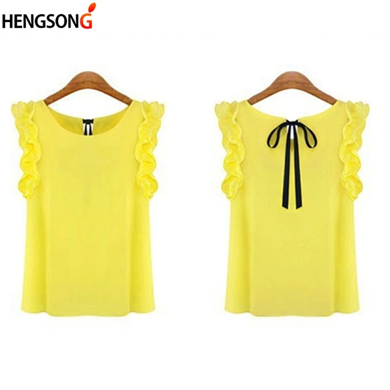 Women Blouse Tops Summer Fashion Lotus Leaf O-Neck Casual Shirt Ladies Bow Tie Chiffon Blouse White Tops 2023 New Women\'s Shirt