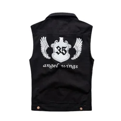 Men Denim Vest Hole Sleeveless Jean JacPersonality Slim Wave Men's Casual Cowboy Horse Clip Cowboy Vest Black Print Cowboy Vest
