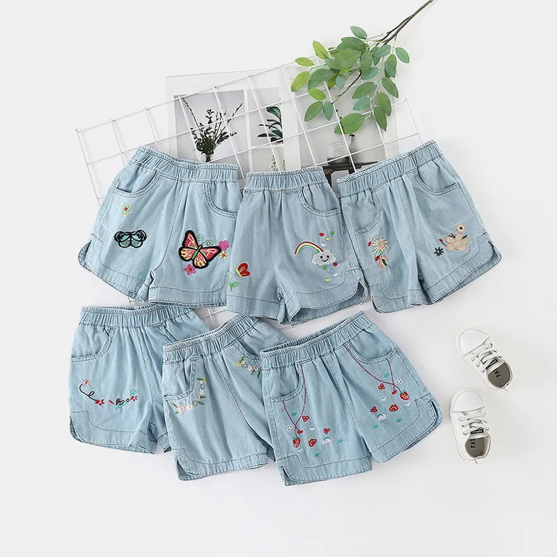 2024 Hot Summer Casual 2 3 4 6 8 10 12 anni bambini ricamo fiore cotone tasca Denim pantaloncini blu per bambine piccole