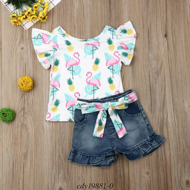 2pcs Clothes Set Toddler Baby Girls Flamingo Print Floral Watermelon Tops T-shirt Denim Jeans Shorts Pants Kids Outfits