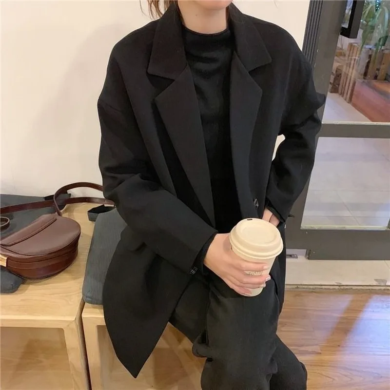 Blazer Wanita Berkancing Dua Baris Gaya Preppy Segar Longgar Santai Semua Pertandingan Musim Semi Atasan Baru Cantik Mode Ulzzang Chic Ins Outwear