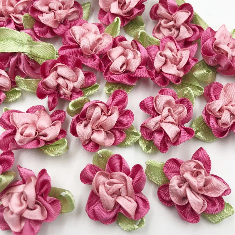 20pcs ribbon flowers with leaf handmade flowers apparel sewing appliques DIY accessories A047