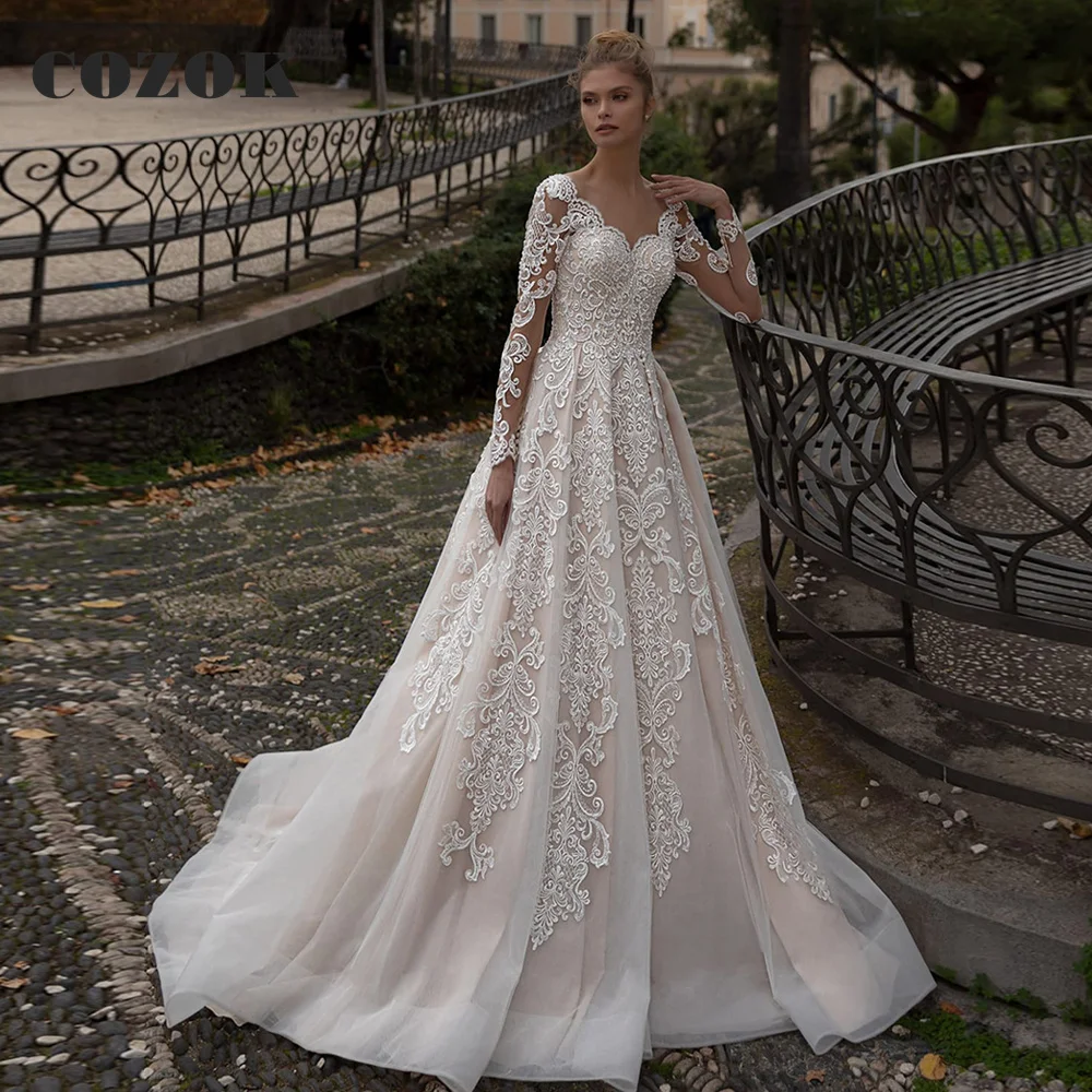 Robe de mariée à manches longues A-Line, dentelle de tulle, appliques perlées, longue mariée formelle, mariage de luxe, quelle que soit la taille personnalisée, CZ46I