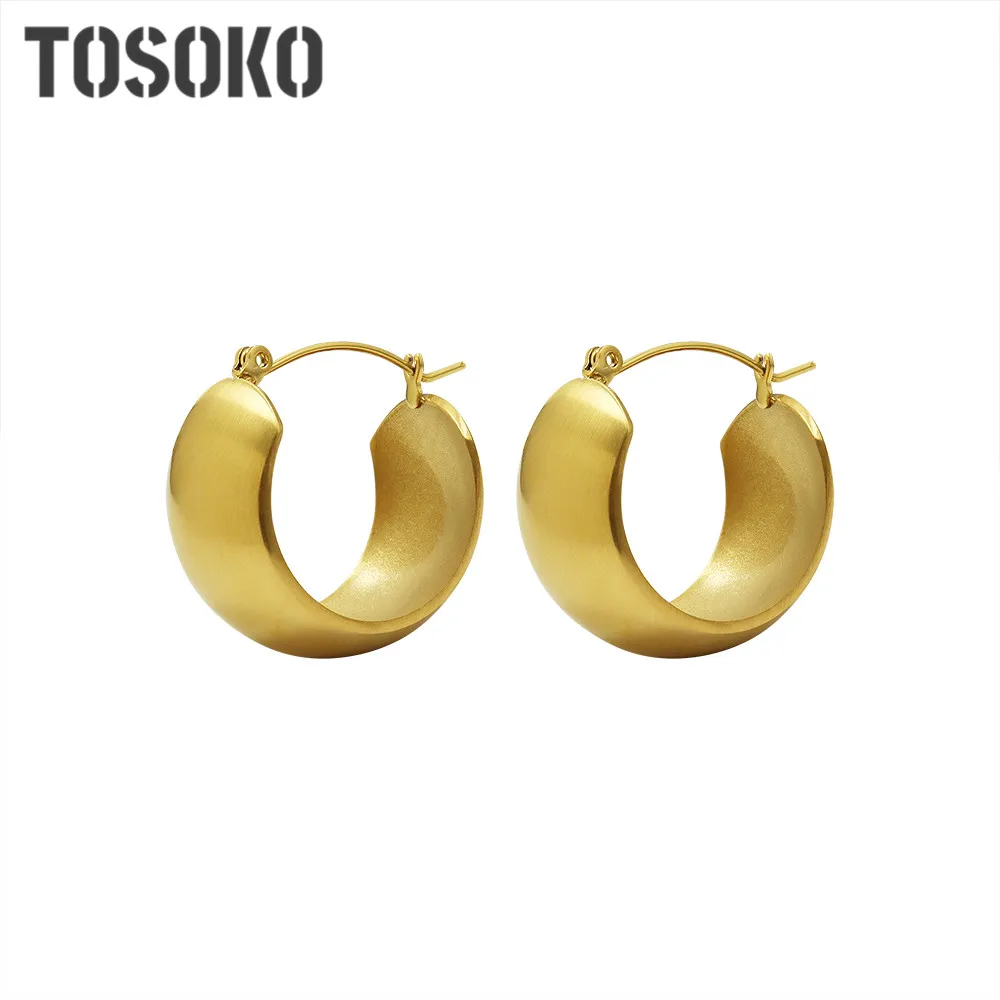 

TOSOKO Stainless Steel Jewelry Large Circle Brushed Fog Face Earrings Women's Exaggerated Fashion Earrings BSF491