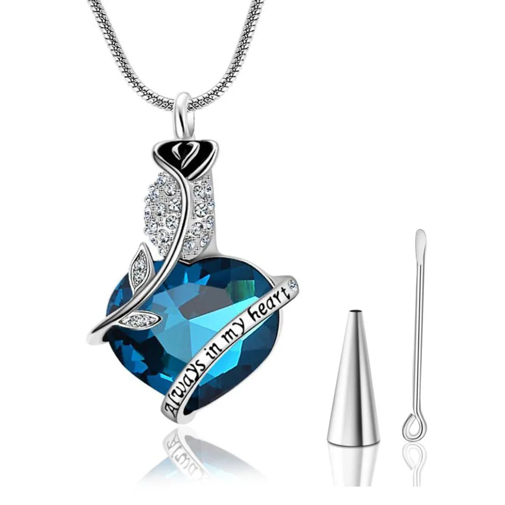 Always In My Heart Rose Urn Necklaces For Ashes Love Crystal Cremation Jewelry Keepsake Holder Pendant Memorial Dropship