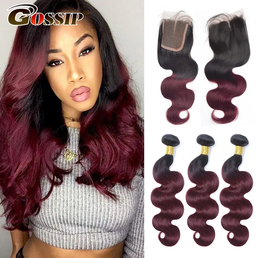 T1B/99J Burgundy Brazilian Hair Weave Bundles With Closure Gossip Brazilian Body Wave Human Hair With 4x4 Closure Non-Remy Hair