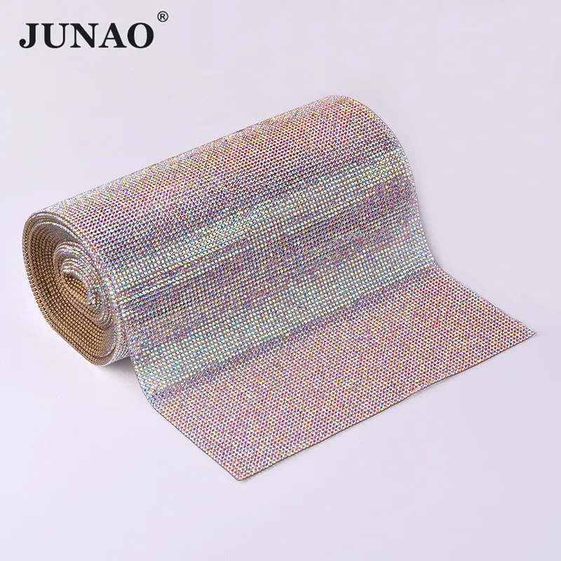 

JUNAO 5 Yard Hot Fix Crystal AB Rhinestones Mesh Trim In Roll Glass Crystal Fabric Sheet Strass Banding For Clothes Decoration