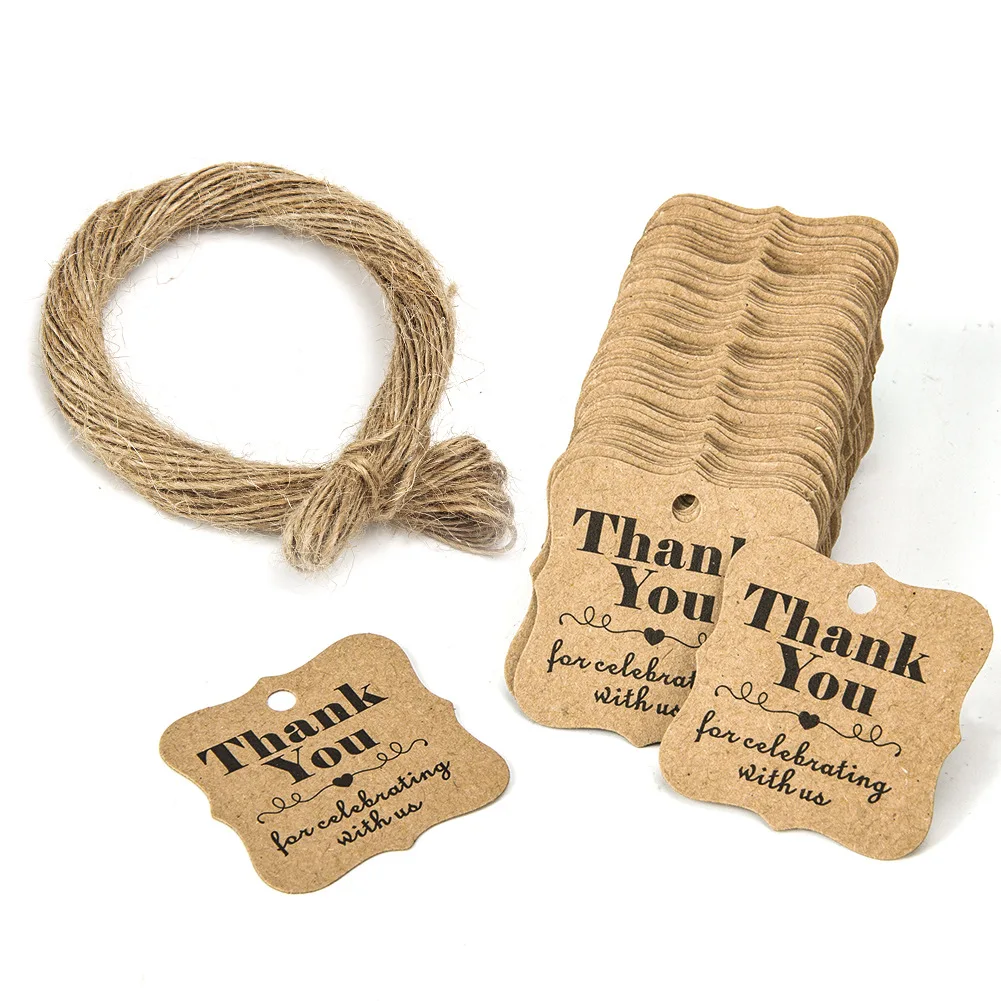 100Pcs Kraft Paper Gift Tags Thank You For Celebrating With Us Labels Handmade For Wedding Party Decoration Packaging Hang Paper