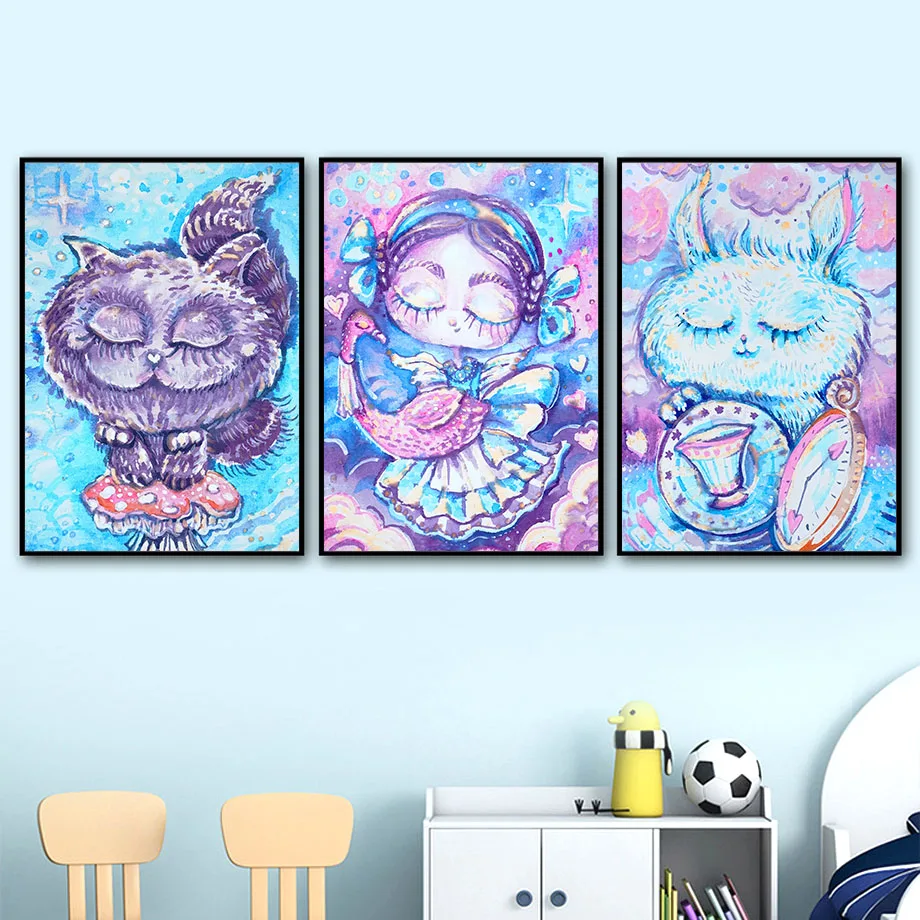 Multicolor Cat Rabbit Flamingo Girl Cartoon Nordic Posters And Prints Wall Art Canvas Painting Wall Pictures For Kids Room Decor