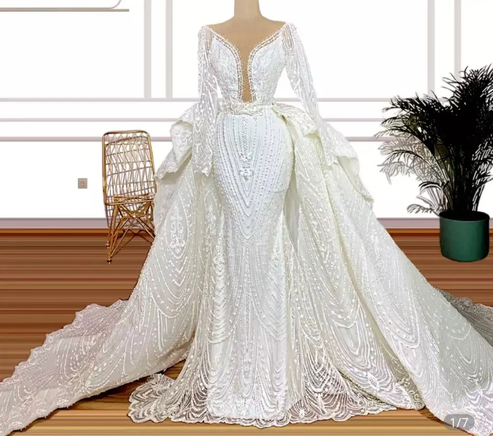 Vestidos de novia hinchados de encaje de lujo, vestidos de novia de Dubai de manga larga con cuentas de sirena, tren desmontable, talla grande, 2022