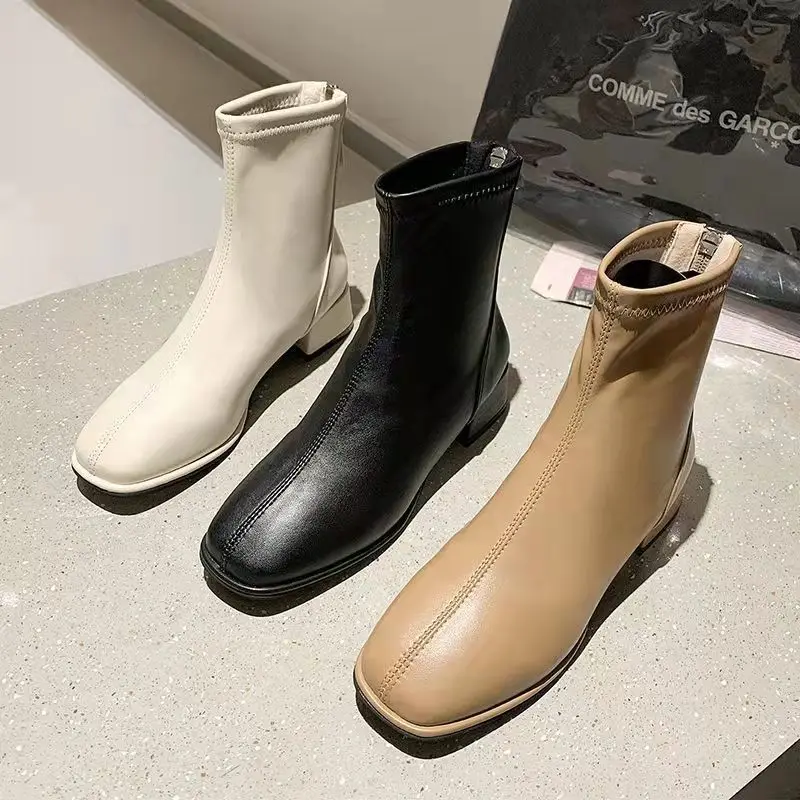 

Female High Heels Soft Leather Elastic Women's Short Boots New Autumn Winter Hot Thick Heel High Heel Boots Women Ankle Boots