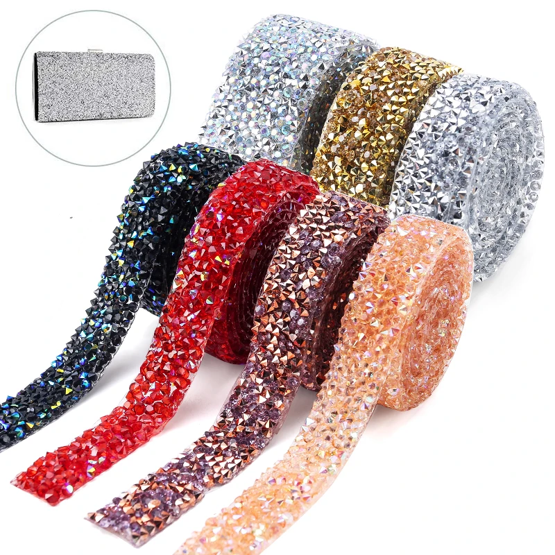 3Yards Multi-color Rhinestones Trim Set Glitter Crystal Ribbon Strass Tape Apppliques Hotfix Motif Rhinestones Cloth Decorations