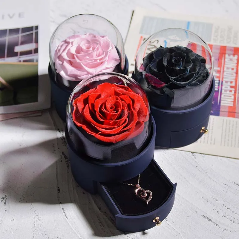 Eternal Rose Jewelry Box Preserved Flower Ring Storage Case with Necklace Forever Love Birthday Anniversary Gift for Girls Women