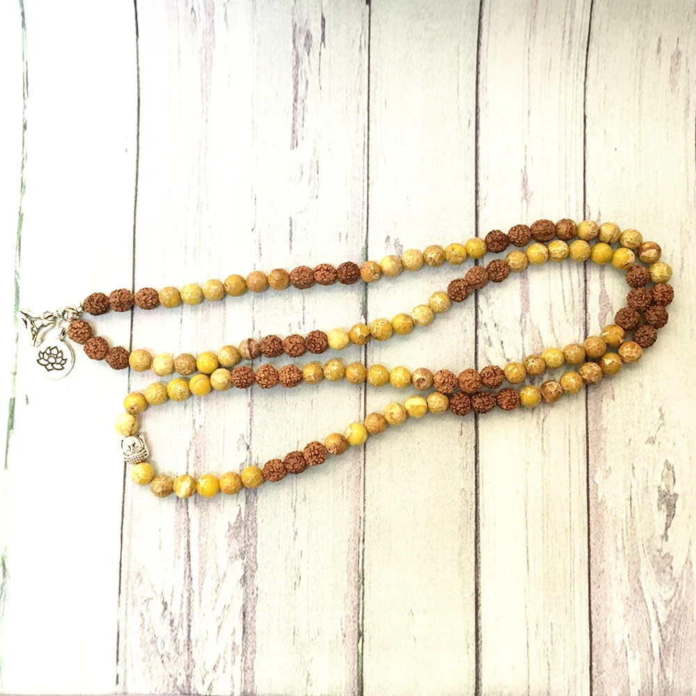 MG0585 Rudraksha 108 Mala Women`s Yoga Necklace Lotus Charm Yellow Regalite Stone Bracelet Personal Spiritual Balance Jewelry