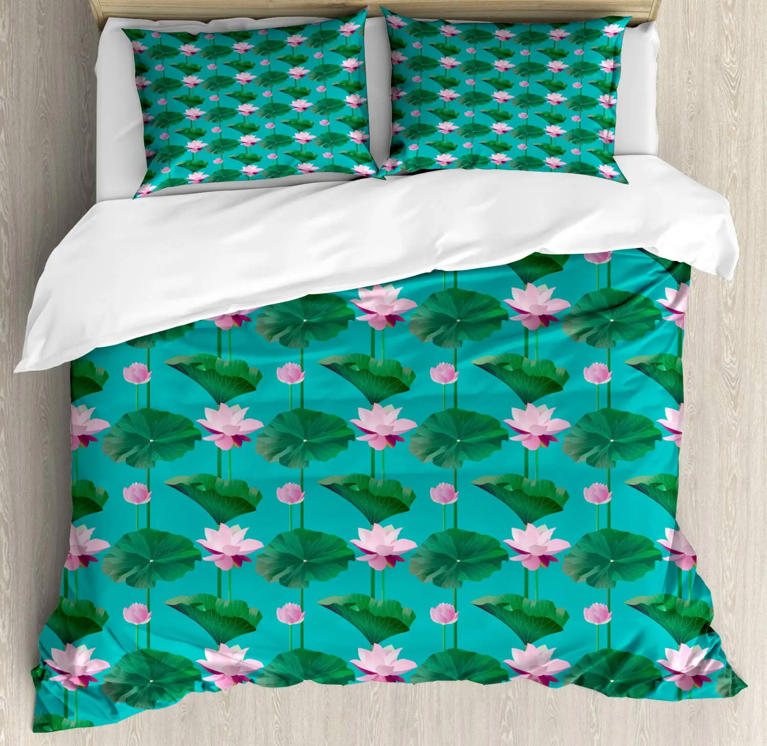 Blue and Pink Duvet Cover Set Graphic of Lotus Flowers and Leaves 3 Piece Bedding Set Sea Blue Baby Pink Magenta and Forest