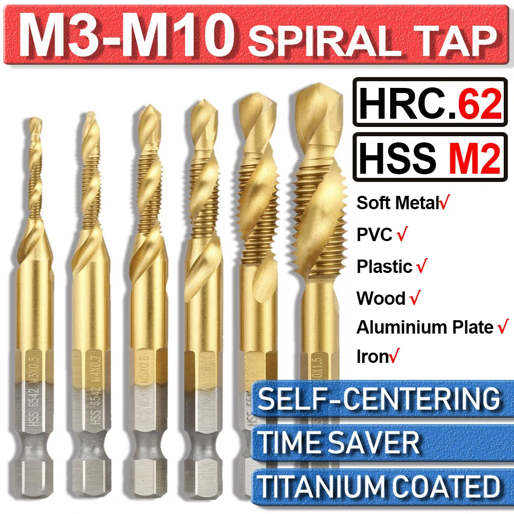 

6Pcs M3-M10 M2 Titanium Plated HSS Screw Tap Drill Set 1/4'' Hex Shank Thread Metric Tap Drill Bits Screw Machine Compound Tap