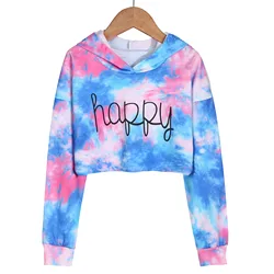 Autumn Children Sweatshirts Teen Girls Crop Tops Tie-dye Hoodies Long Sleeve Pullover Kids Fashion Sweatshirts  6 8 10 12 14Y