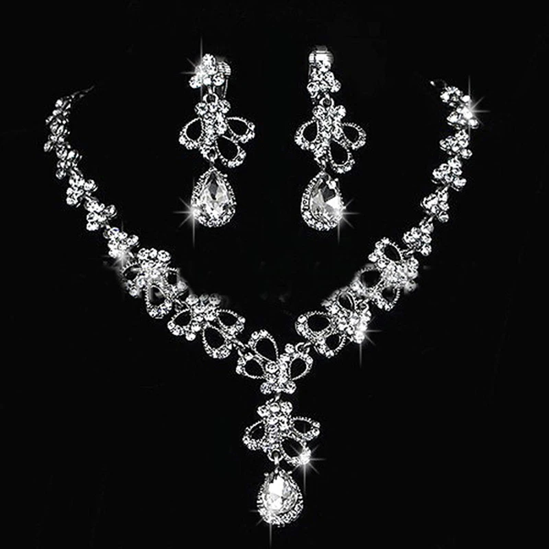 Simple Luxury Full Crystal Chain Water Drop Necklaces & Pendants Dangle Earrings Sets Wedding Bridal Jewelry Sets 3Styles