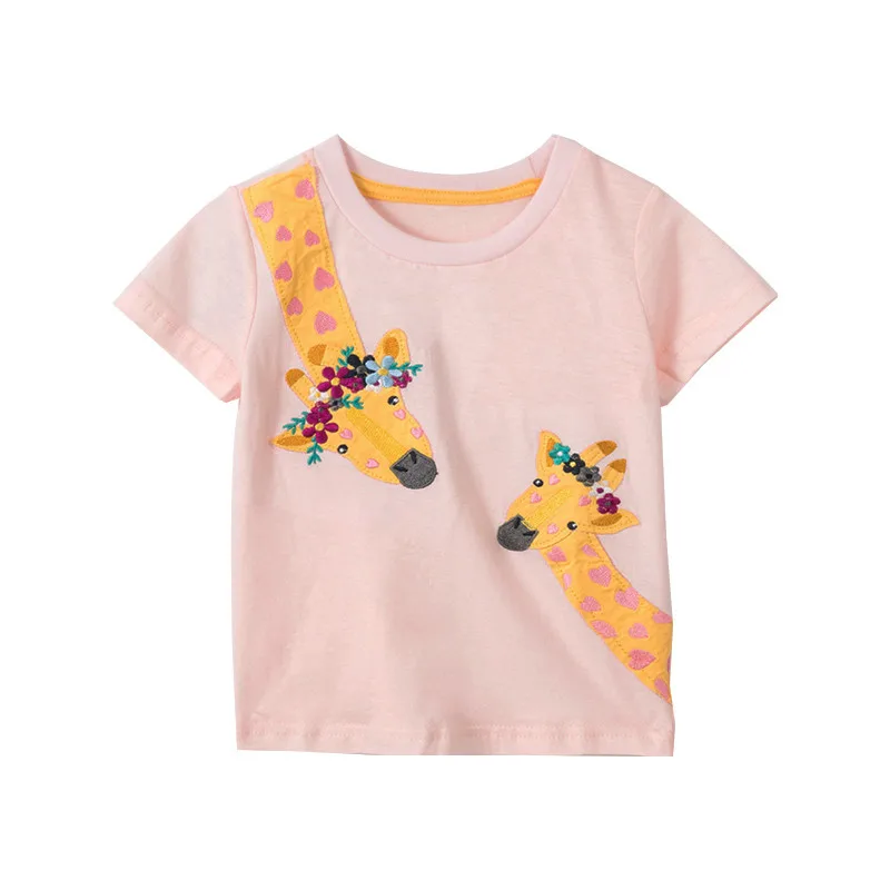 

Jumping Meters Summer Girls T shirts With Giraffe Applique Hot Selling Kids Tops Baby Clothes Animals Tees