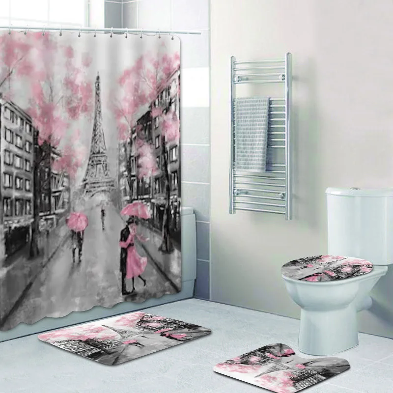 Elegant Pink Paris Tower Shower Curtains Bathroom Curtain Set 3D Floral France Paris Painting Bath Mat Rug Carpet Art Home Decor