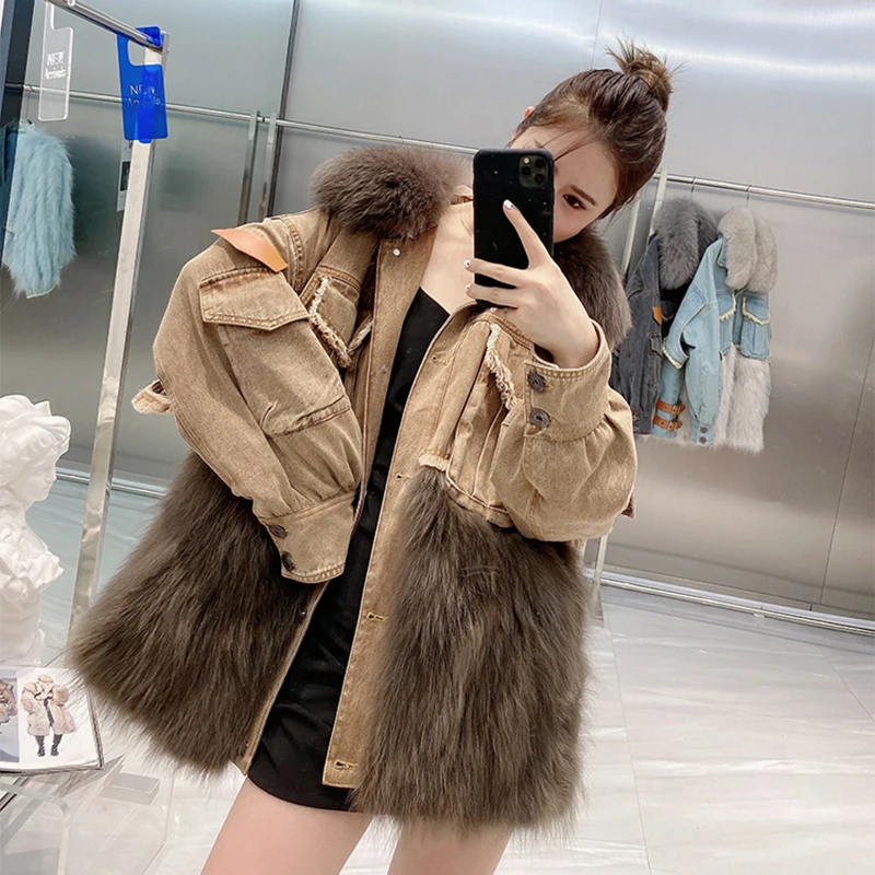 2021 Winter New Fox Maopie Parka Real Coat Denim Patchwork Jacket Ladies Luxurious Young Style Woman Cowboy Fur Coat Denim Parka