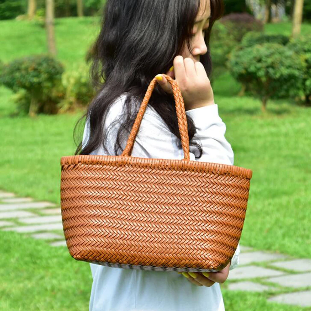 Women Leather Weave Handbag Feminine Handmade Woven Bucket Bag With Cotton Pockets Casual Knitting Split Leather Compartment Bag