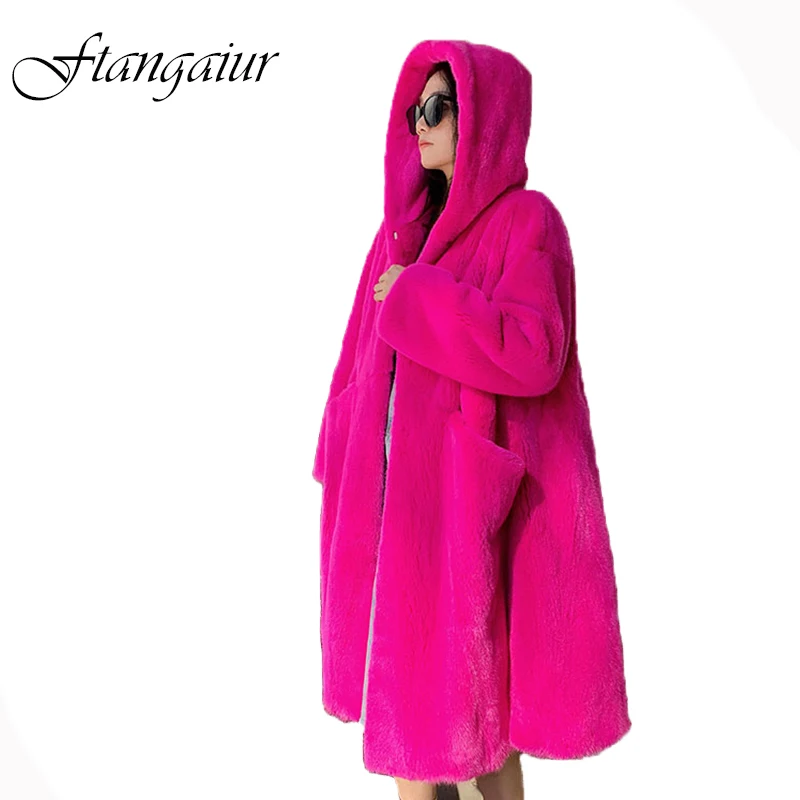 Ftangaiur New Winter Import Velvet Mink Fur Coat With Fur Hood Rose red Mink Coat Women X-Long Natural Real Mink Fur Coats
