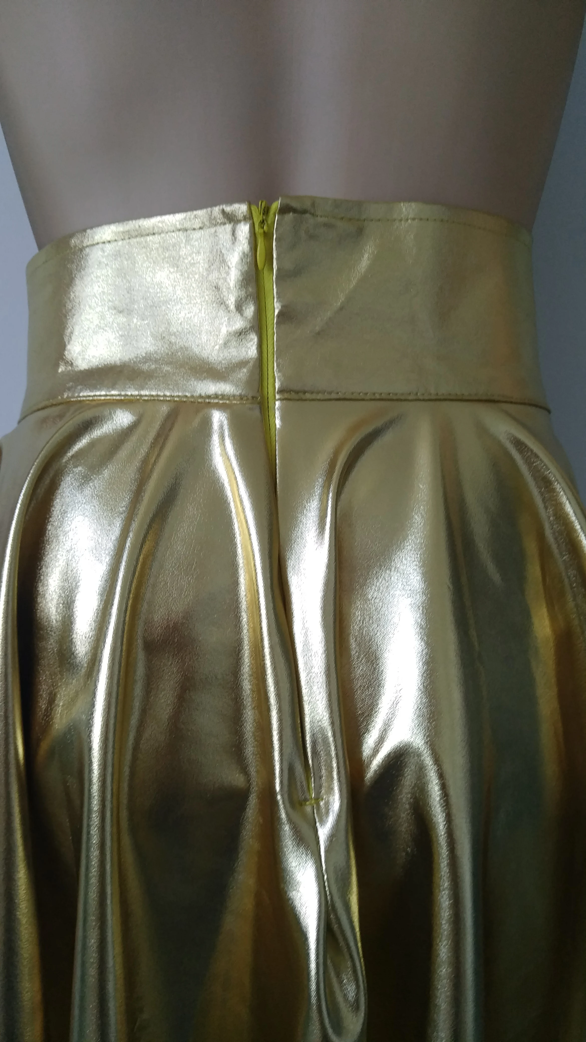 Womens Shiny Metallic gold Color Imitated Skirt Mini Skater Above Knee Skirts Evening Party Skirt