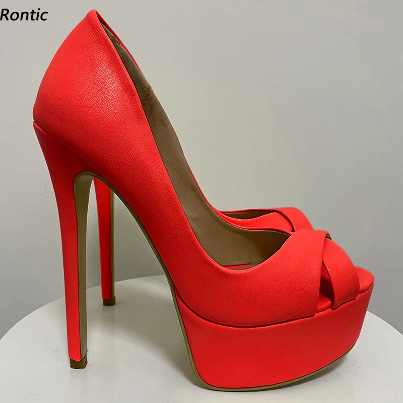 Rontic New Fashion Women Platform Pumps Sexy Stiletto Heels Peep Toe Gorgeous Red White Pink Dress Shoes Women US Size 5-20