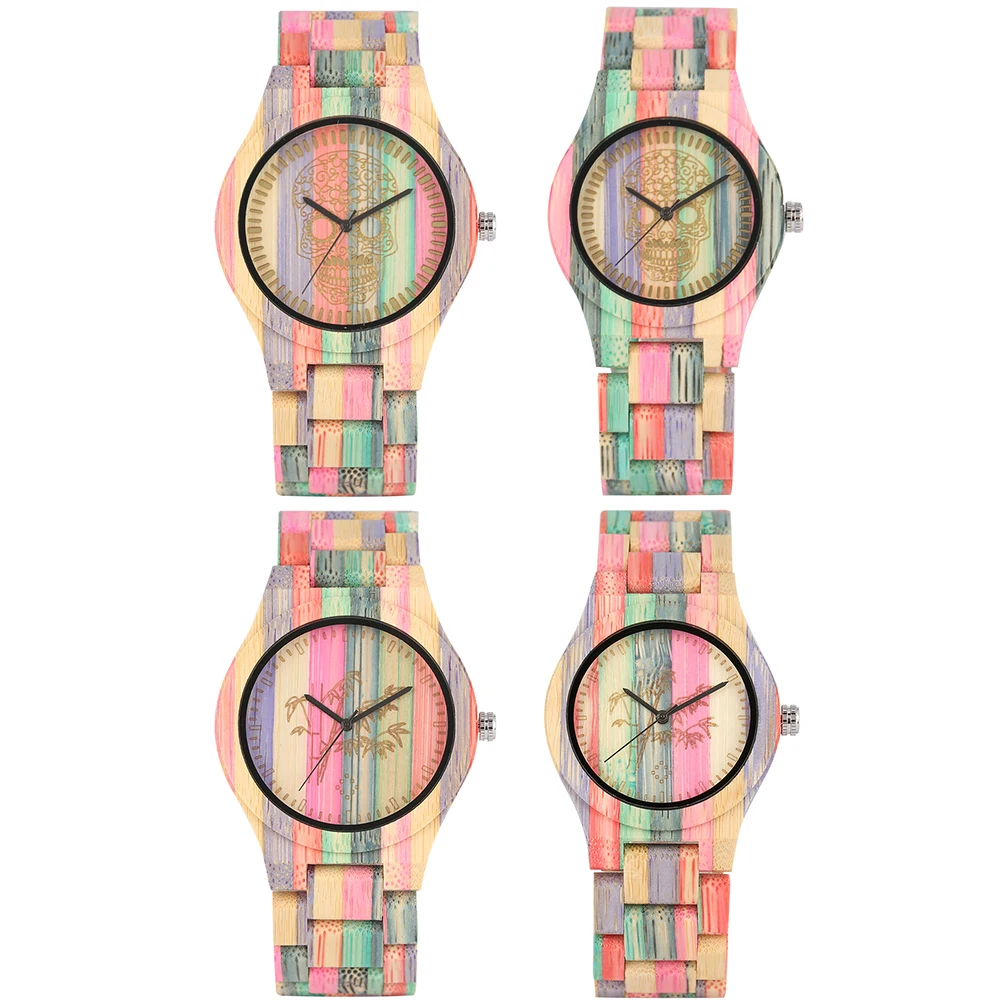 Quartz Wooden Watch for Women Bamboo Strap Wooden Watch for Men Unique Skeleton Pattern Dial Durable Colorful Band