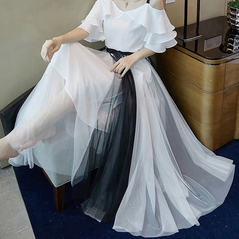 New Chiffon Off-the-shoulder White Top+black And White Stitching Long Pleated Tulle Skirts Two Piece Set High Waist Mesh Skirts