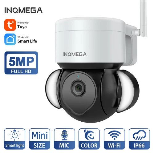 INQMEGA-CÁMARA TUYA con Wifi de 5MP, cámara IP PTZ de nube inteligente con visión nocturna, WIFI, cámara de videovigilancia con luz de comida para exteriores para patio