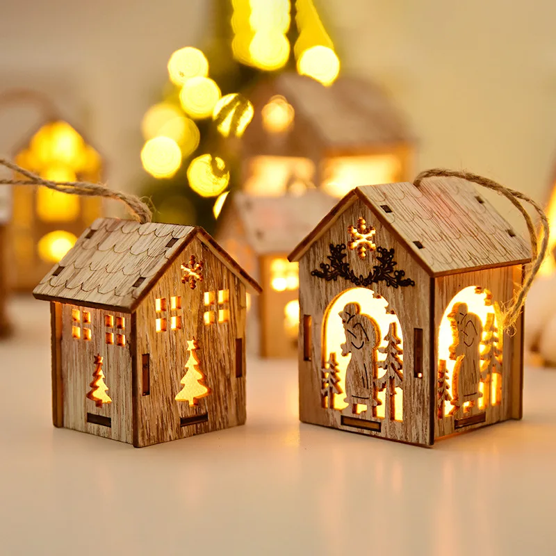 Christmas LED Light Wooden House Luminous Cabin Christmas Decorations Home Decor Night Lamp Pendant Prop Led Candle Gift