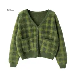 Harajuku Fuzzy Green Plaid Cardigan With Front Button Women Cropped Cardigan Sweater Casual long knitted cardigan female