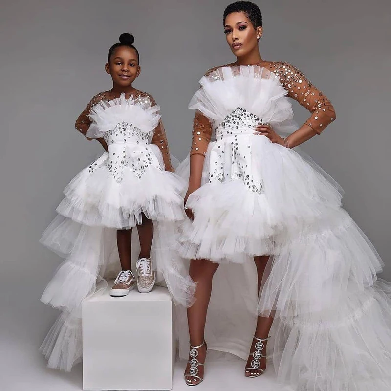 

Bridal White Shiny Sequins Hi Low Tulle Dresses Mommy & Me Tiered Ruffled Party Long Dress Custom Made Mother And Kids Wear