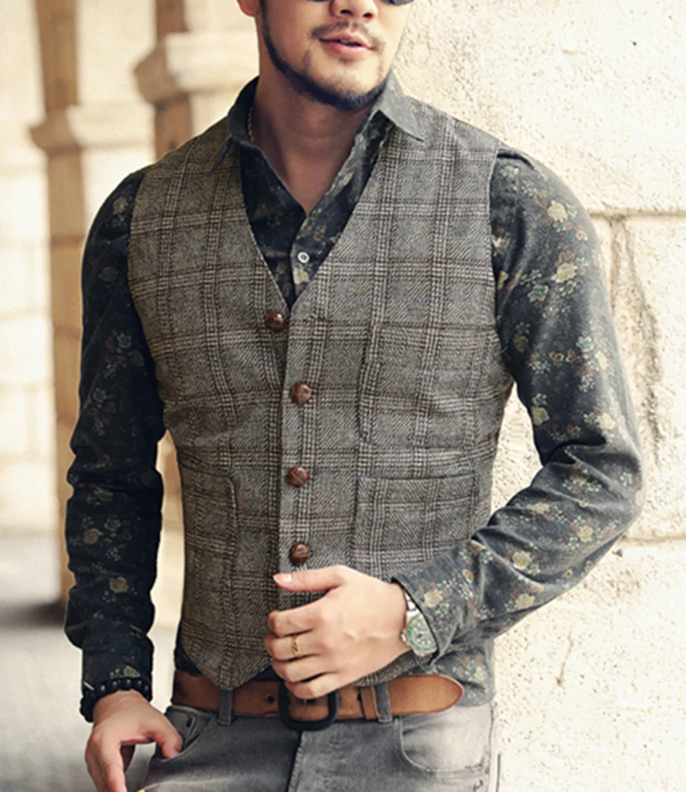 Mens Vintage Business Vest Plaid Classic Coat Tweed Slim Fit Formal Waistcoat for Wedding Groomsmen