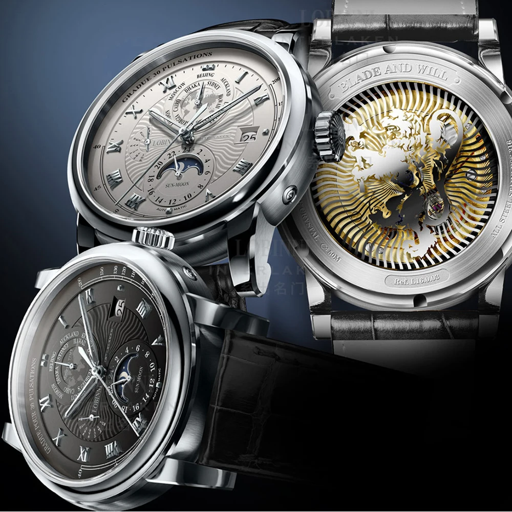LOBINNI Mens นาฬิกาอัตโนมัติผู้ชายหรูหรานาฬิกาข้อมือนาฬิกาข้อมือกันน้ํา Sapphire สวิตเซอร์แลนด์ Relogio World Time