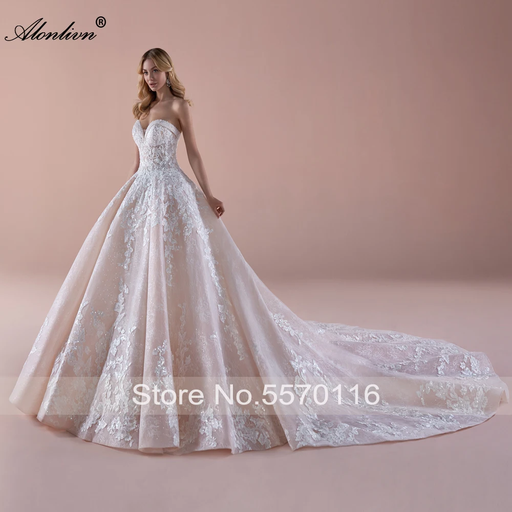 알론리븐 베스티도 데 노이바 광택 있는 아플리케 레이스 웨딩 드레스 스위트하트 오프숄더 볼 가운 신부 드레스