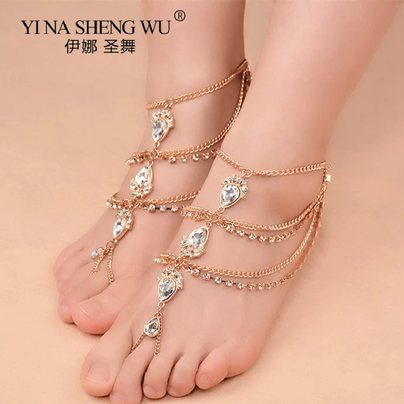 New Fashion Sexy Multilayer Claw Chain Foot Chain Rhinestone Belly Dance Accessories Anklet Crystal Water Drop Pendant Beach 1pc