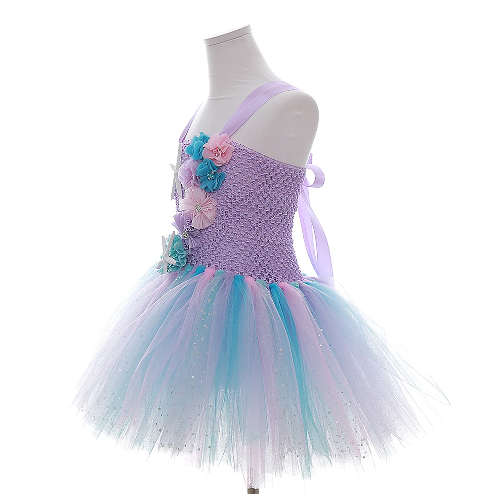 Lavender Flower Children Kids Girls Birthday Party Dresses Sparkly Tulle Sea Star Flower Toddler Baby Girls Clothes for Kids