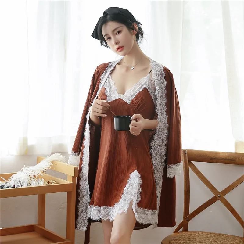 

Autumn New Women Solid Sleepwear Female High Quality 2 PCS Robe Set Cotton Kimono Bathrobe Gown Lace Sexy Home Dress Nightgown