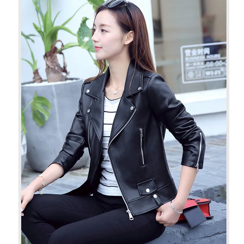 UHYTGF Luxury PU leather spring autumn leather jacket women fashion Women Slim short biker jacket Big size jaqueta de couro 313