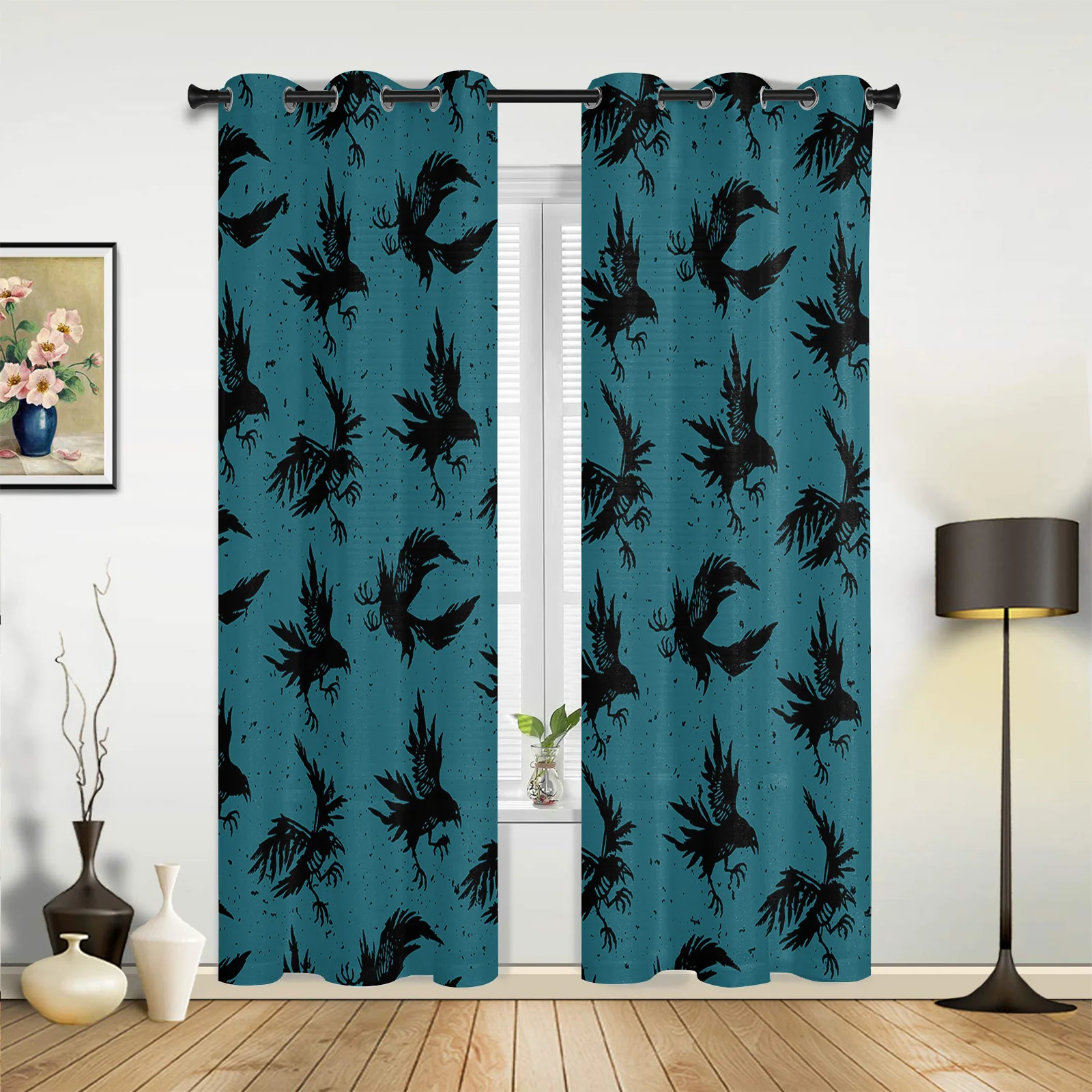 Kitchen Curtains Halloween Crow Silhouette Teal Window Curtains for Living Room Bedroom Drapes Kids Bedroom Curtains