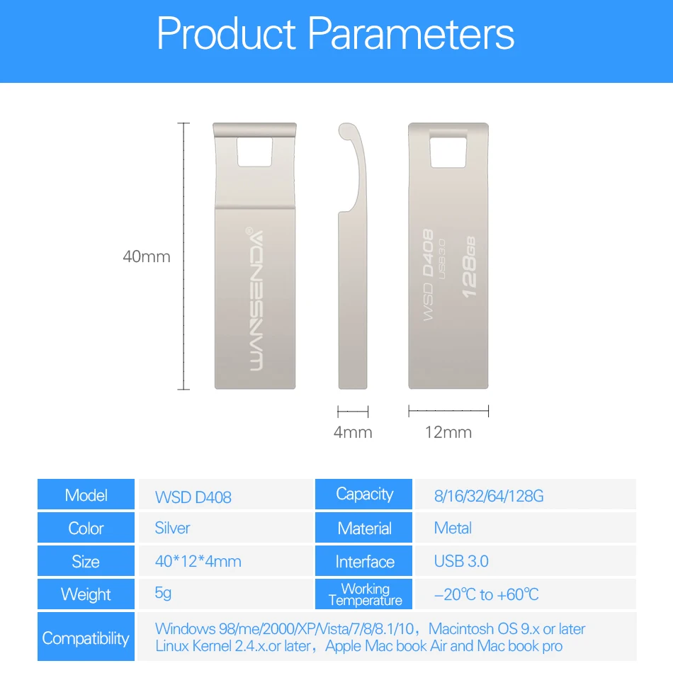 WANSENDA-unidad Flash USB de Metal, Pendrive de 32GB, 3,0 GB, 64GB, 16GB, 8GB, 128GB