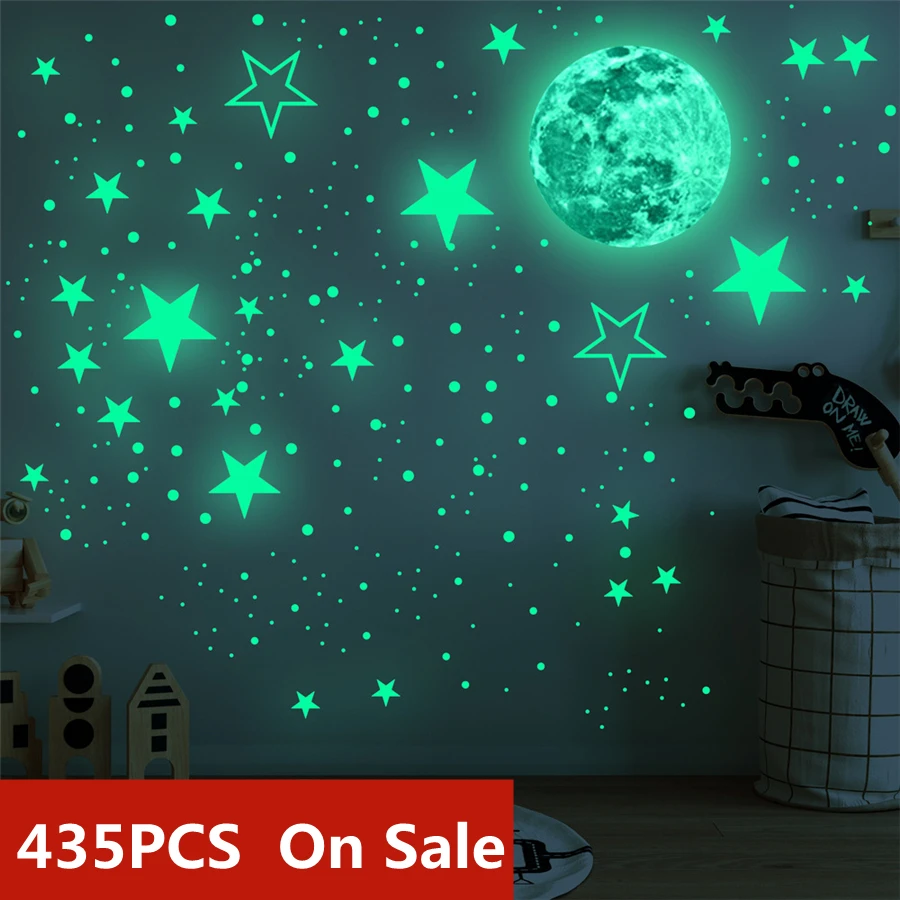 

30cm Big Size Moon 435pcs Stars Dots Green Luminous Wall Sticker Children Room Ceiling Stairs Wallpaper Fluorescent Mural Decals