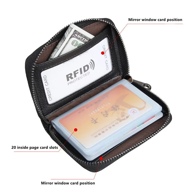 Leather Card Case RFID Credit Card Case Large Capacity Ladies Wallet Passport Holder Coin Purse Zipper Document Case Men