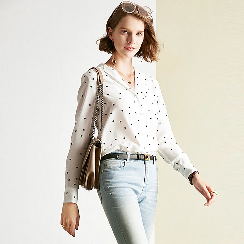 100% High Quality Silk Blouse Women Shirt Elegant Simple Design Long Sleeves Polka dot V Neck Graceful Style New Fashion