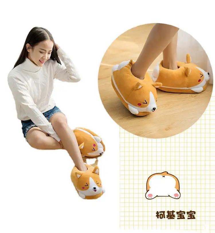 Corgi Cartoon Plush Chinelos para Casa, Bonito Double Shiba Inu, Sapatos de algodão quente, tamanho único, marca
