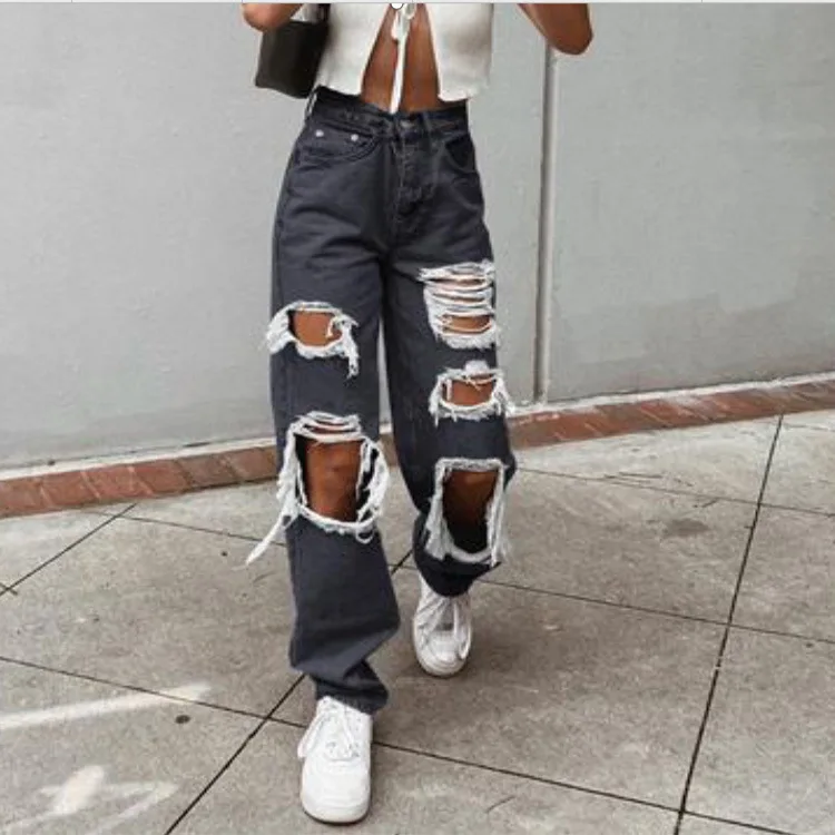 Women's Hip Hop High Waisted Baggy Ripped Jeans Solid Color Loose Wide Leg Demin Trousers Y2K Boyfriend Harajuku Streetwear